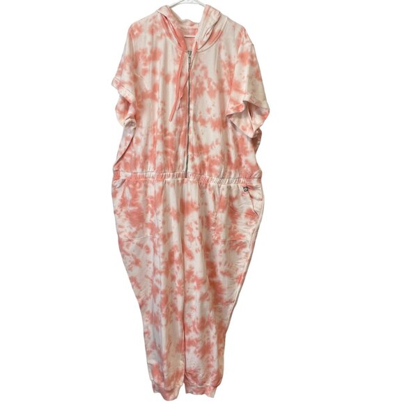 Livi Tie-Dye Hood Jumpsuit Zip Front Short Sleeve Pink/Peach & White Size 30/32 - Picture 1 of 7